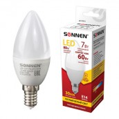 Лампа светодиодная SONNEN, 7 (60) Вт, цоколь Е14, свеча, теплый белый свет, 30000 ч, LED C37-7W-2700-E14, 453711
