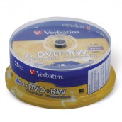 Диски DVD+RW (плюс) VERBATIM 4,7 Gb 4x Cake Box (упаковка на шпиле), КОМПЛЕКТ 25 шт., 43489