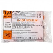 Шприц инсулиновый SFM, 1 мл, КОМПЛЕКТ 10 шт., в пакете, U-100 игла несъемная 0,3х8 мм - 30G, 534253