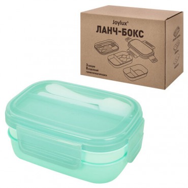 Ланч-бокс контейнер 3 секции, 8 отделений, 1,9 л, ложка, вилка, нож, 10х21х14 см, мятный, JOYLUX, 609350